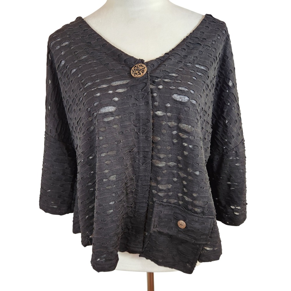 Kaktus Black‎ Open Weave Cardigan Jacket Womens XL Laganlook Boxy Artsy Top NWT